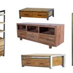 OPIUM OUTLET mobili in legno di teak massiccio, confezione da 11 pezzi con cassettiere, credenze, scaffali, Coffeetable con telaio in metallo, stile vintage